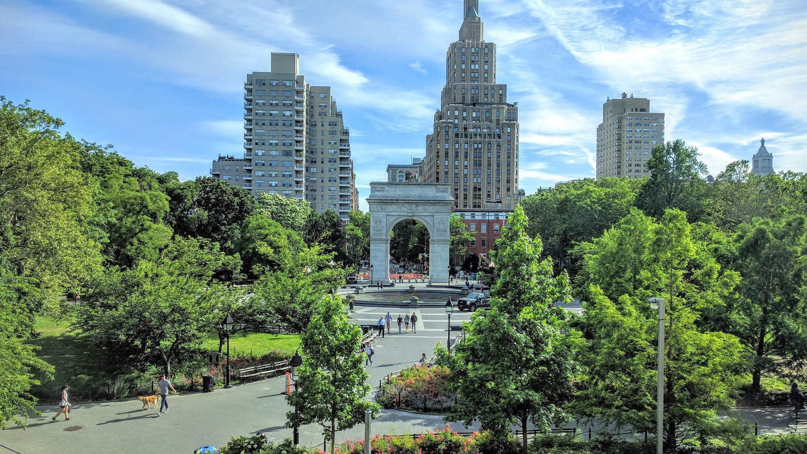 View of arch and fountain in Washington Square Park, from the south