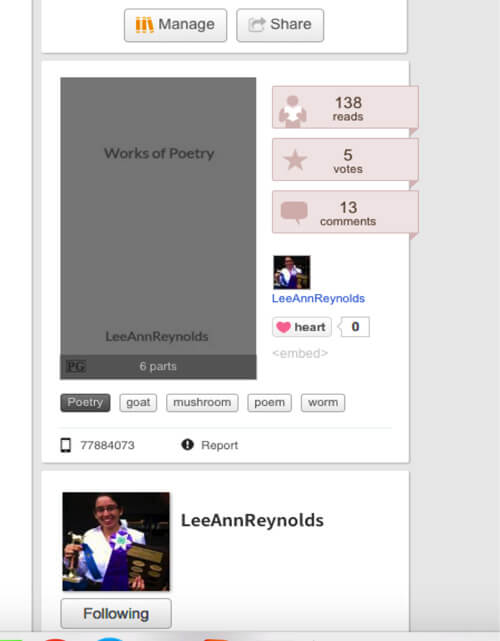 Wattpad page of a student with 138 reads, 5 votes of popularity, and 13 comments