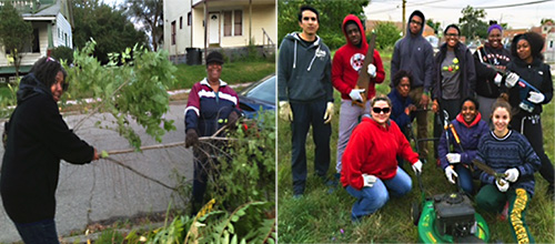 Neighbors and Marygrove students during the San Juan Street lot cleanup