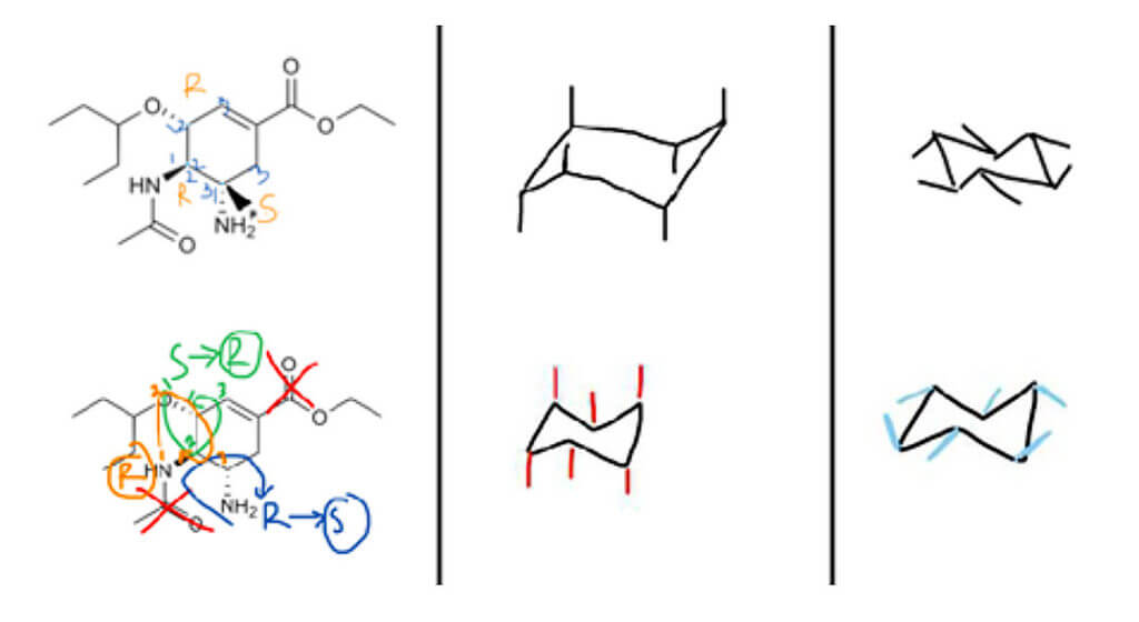 Sample student responses from stereochemistry and structure drawing problems